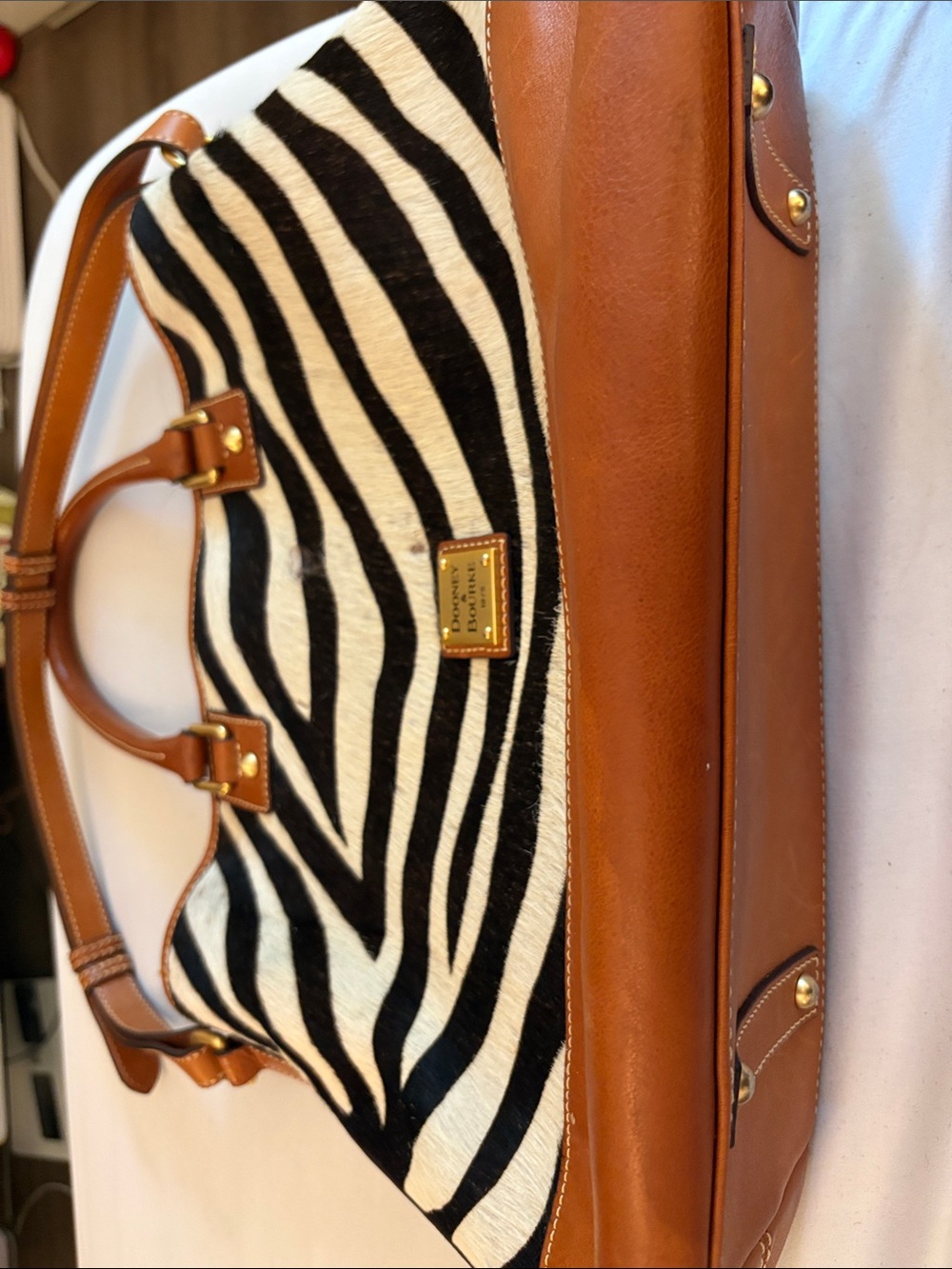 Dooney & Bourke Black and White Zebra Leather Satchel with Brown Trim